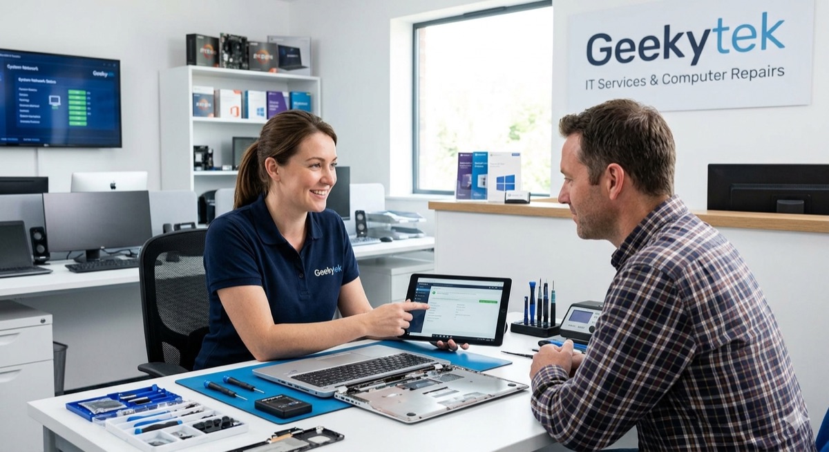 Geekytek technician walking a customer through repair options at the service counter