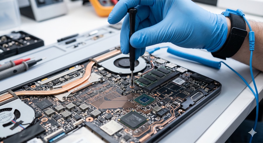 Technician repairing a laptop motherboard with precision tools